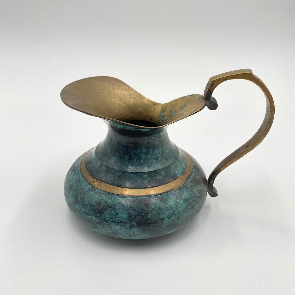 Vintage Brass‎ Pitcher 4" Small Decorative Teal Patina Gold Accent